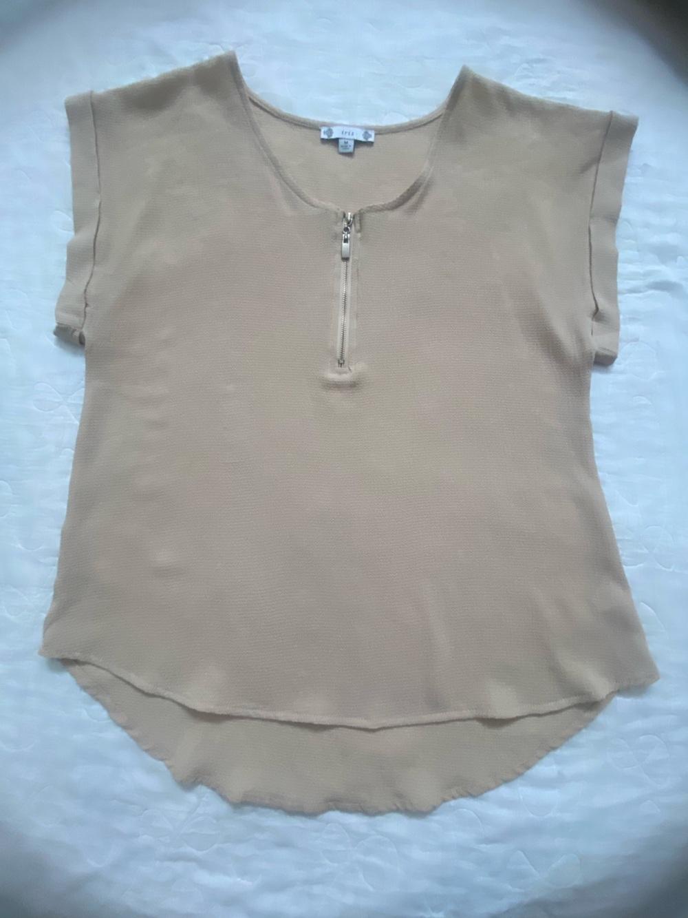 Iris Beige Zip-Front Short Sleeve Blouse